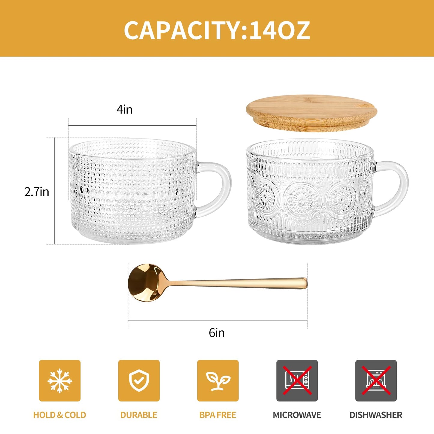 Vintage Coffee Tea Cups [4 Pack], 14 oz Glass Tea Coffee Mugs, Clear Embossed Glass Cups for Cappuccino, Latte,Cereal, Yogurt, Beverage (2 sunflower + 2 raindrops)